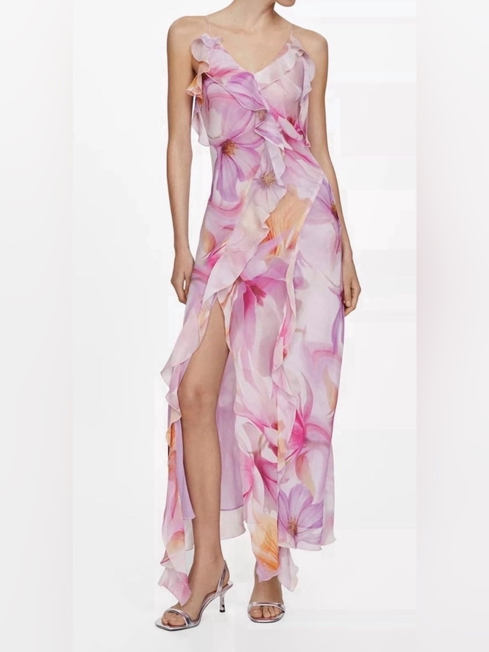 MANGO Pink Floral Ruffle Wrap Maxi Dress (NWOT)